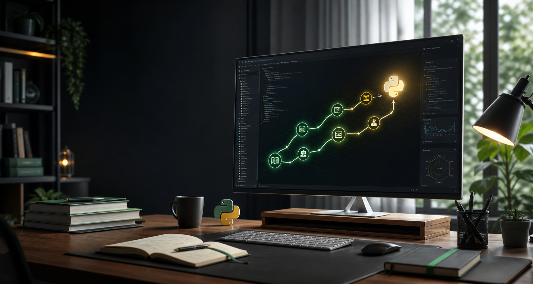 Рабочее место программиста с дорожной картой обучения Python на мониторе